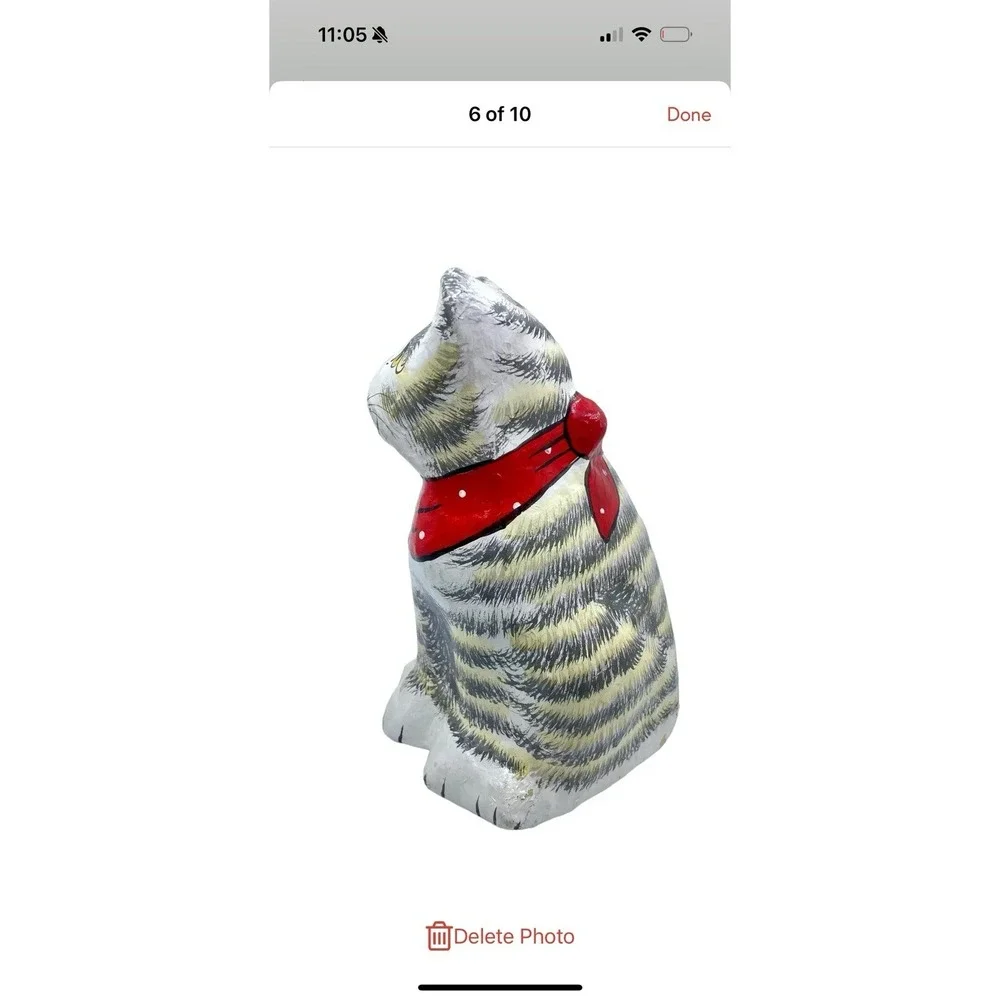 Vintage Large Paper Mache Striped Cat with red handkerchief Statue